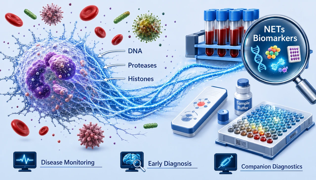 NET biomarker detection concept showing a neutrophil extracellular trap and blood-based diagnostic workflow.