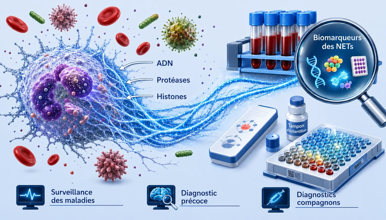 Concept de détection de biomarqueurs des NETs montrant un piège extracellulaire des neutrophiles et un processus de diagnostic sanguin.