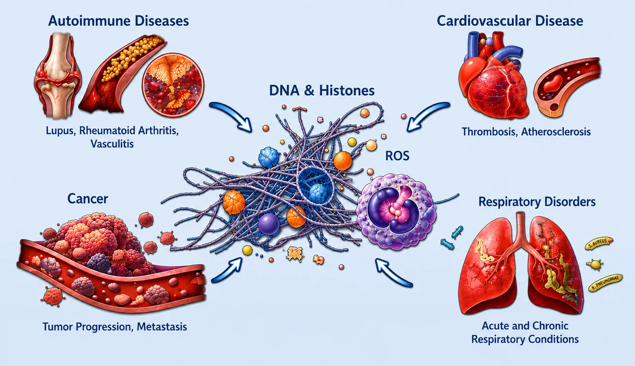 NETs in disease figure showing inflammatory, cardiovascular, cancer, and respiratory disease contexts around neutrophil extracellular traps.