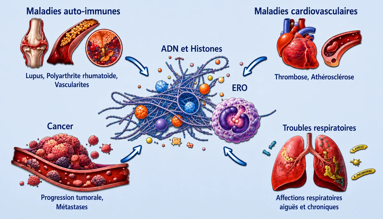 Figure sur les NETs dans la maladie montrant des contextes inflammatoires, cardiovasculaires, cancéreux et respiratoires autour des pièges extracellulaires des neutrophiles.